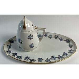 Vintage MZ Austria Dish & Creamer Set With Purple and Blue Hand Painted Flowers